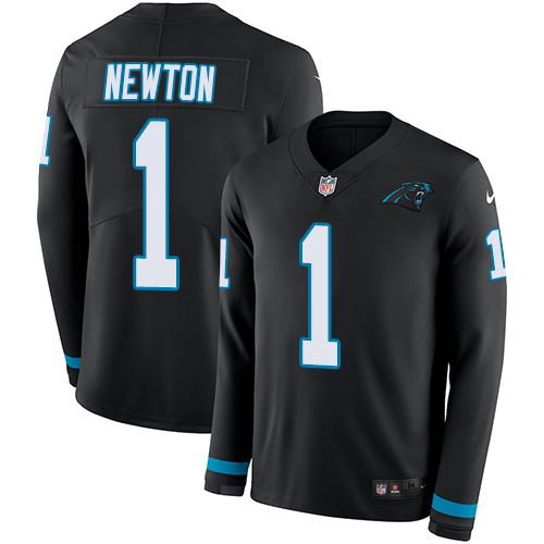 Carolina Panthers #1 Cam Newton Black Team Color Men's Stitched Limited Therma Long Sleeve Jersey Men's