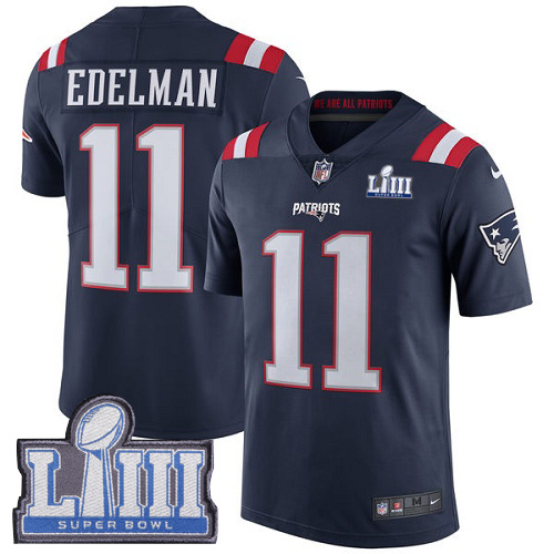 Patriots #11 Julian Edelman Navy Blue Super Bowl LIII Bound Youth Stitched Limited Rush Jersey