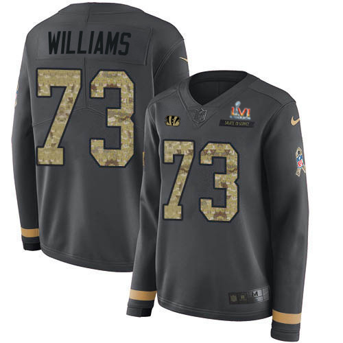 Cincinnati Bengals #73 Jonah Williams Anthracite Super Bowl LVI Patch Salute to Service Women's Stitched Limited Therma Long Sleeve Jersey Womens
