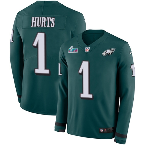 Eagles #1 Jalen Hurts Green Super Bowl LVII Patch Team Color Men's Stitched Limited Therma Long Sleeve Jersey