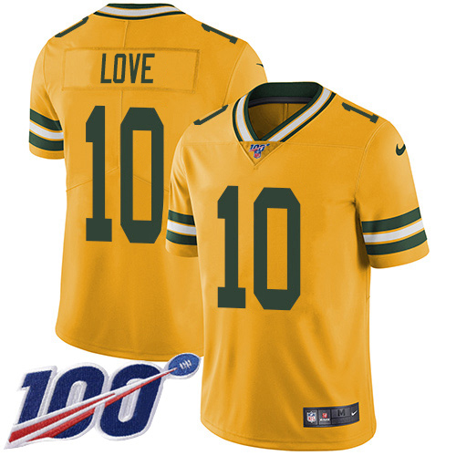Packers #10 Jordan Love Yellow Youth Stitched Limited Rush 100th Season Jersey