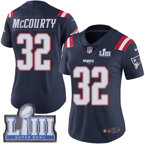 Patriots #32 Devin McCourty Navy Blue Super Bowl LIII Bound Women's Stitched Limited Rush Jersey