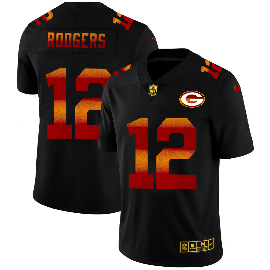 Green Bay Packers #12 Aaron Rodgers Men's Black Red Orange Stripe Vapor Limited Jersey