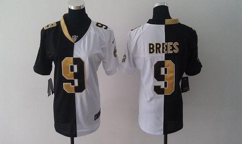 Saints #9 Drew Brees Black/White Women's Stitched Elite Split Jersey