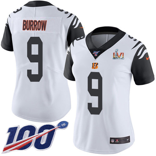 Bengals #9 Joe Burrow White Super Bowl LVI Patch Women's Stitched Limited Rush 100th Season Jersey
