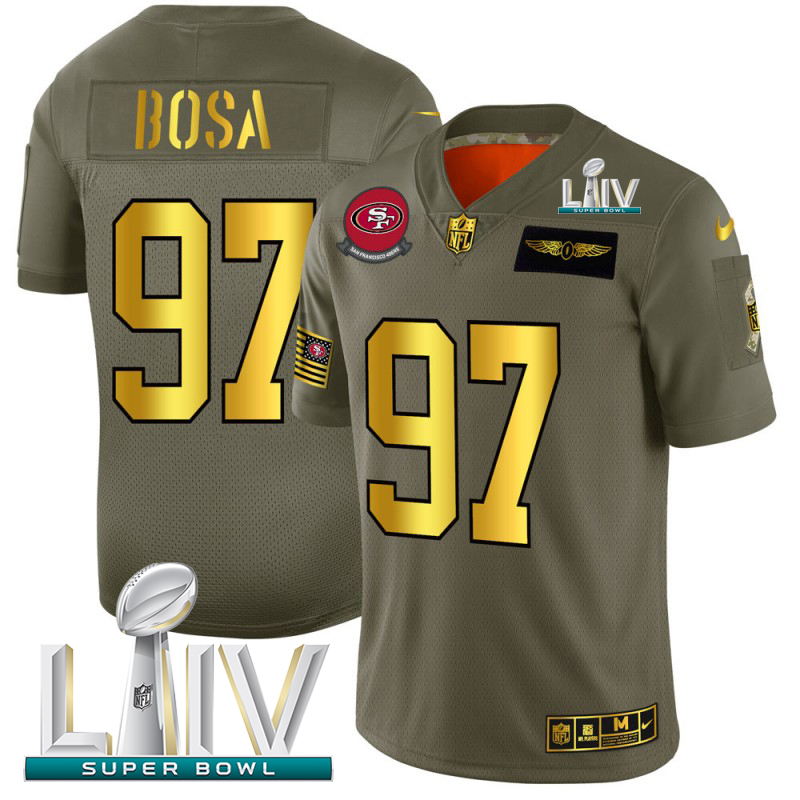 San Francisco 49ers #97 Nick Bosa Men's Olive Gold Super Bowl LIV 2020 2019 Salute To Service Limited Jersey