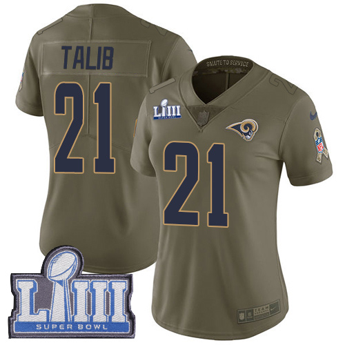 Los Angeles Rams #21 Aqib Talib Olive Super Bowl LIII Bound Women's Stitched Limited 2017 Salute to Service Jersey Womens