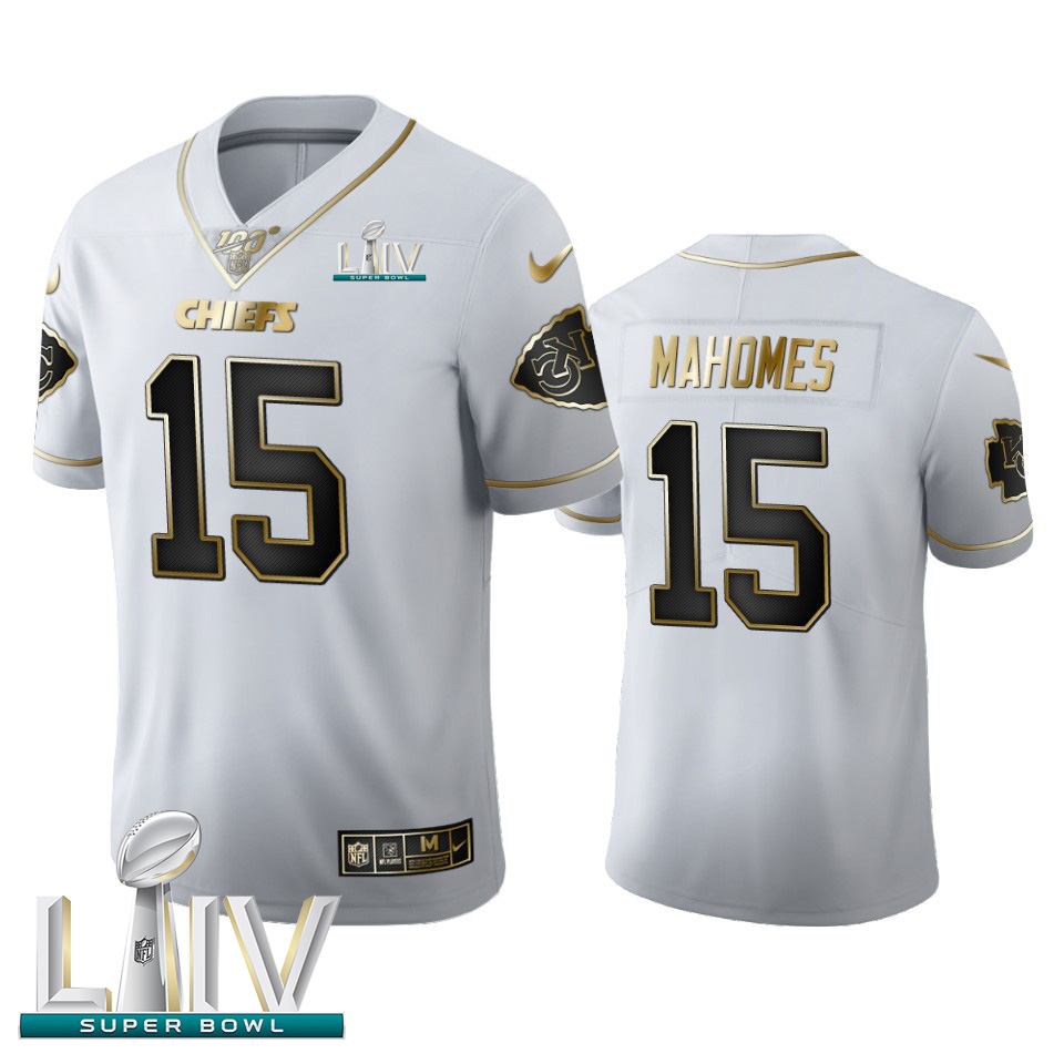 Kansas City Chiefs #15 Patrick Mahomes Men's White Golden Super Bowl LIV 2020 Edition Vapor Limited 100 Jersey