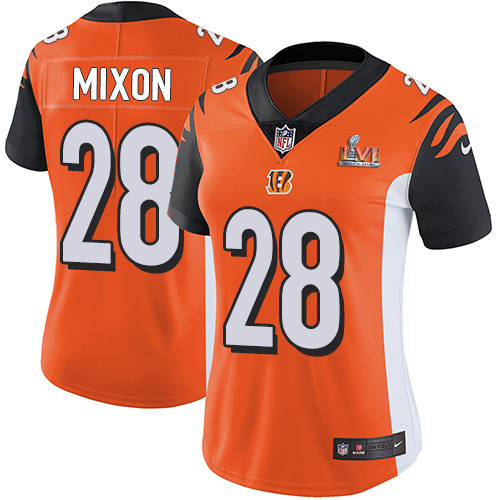 Bengals #28 Joe Mixon Orange Alternate Super Bowl LVI Patch Women's Stitched Vapor Untouchable Limited Jersey