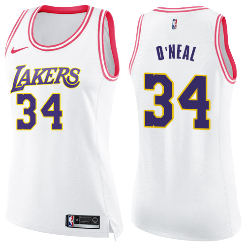 Los Angeles Lakers #34 Shaquille ONeal White/Pink Womens Swingman Fashion Jersey Womens
