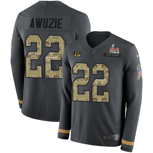 Cincinnati Bengals #22 Chidobe Awuzie Anthracite Super Bowl LVI Patch Salute to Service Men's Stitched Limited Therma Long Sleeve Jersey Youth