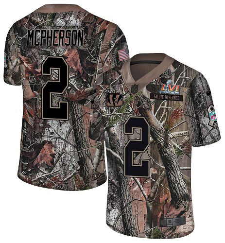 Bengals #2 Evan McPherson Camo Super Bowl LVI Patch Men's Stitched Limited Rush Realtree Jersey