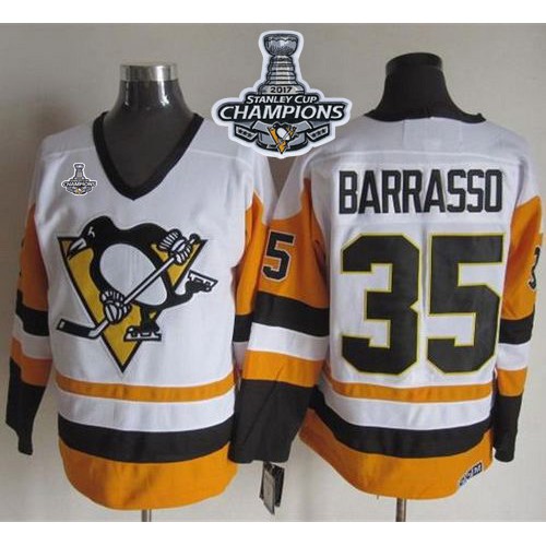 Pittsburgh Penguins #35 Tom Barrasso White/Black CCM Throwback 2017 Stanley Cup Finals Champions Stitched Jersey Men's