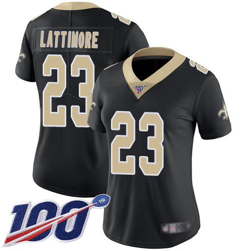 New Orleans Saints #23 Marshon Lattimore Black Team Color Women's Stitched 100th Season Vapor Limited Jersey Womens