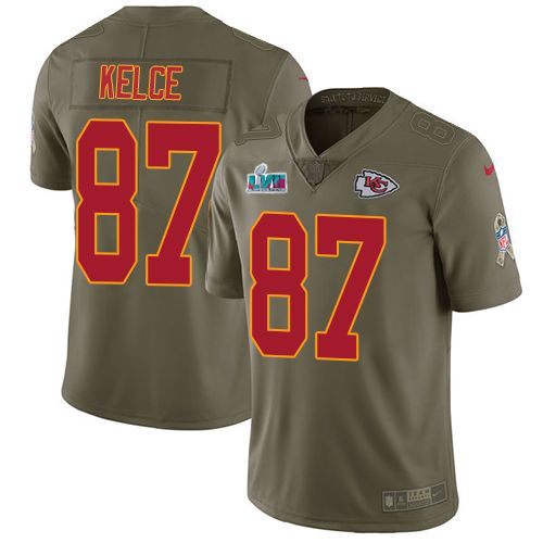 Chiefs #87 Travis Kelce Olive Super Bowl LVII Patch Youth Stitched Limited 2017 Salute To Service Jersey