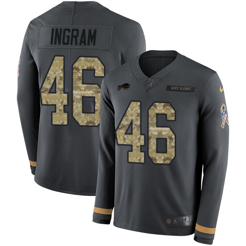 Bills #46 Ja'Marcus Ingram Anthracite Salute To Service Men's Stitched Limited Therma Long Sleeve Jersey