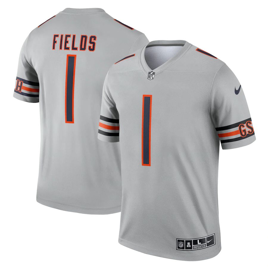 Chicago Bears #1 Justin Fields Men's Silver Inverted Legend Jersey