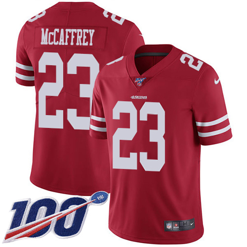 49ers #23 Christian McCaffrey Red Team Color Youth Stitched 100th Season Vapor Limited Jersey