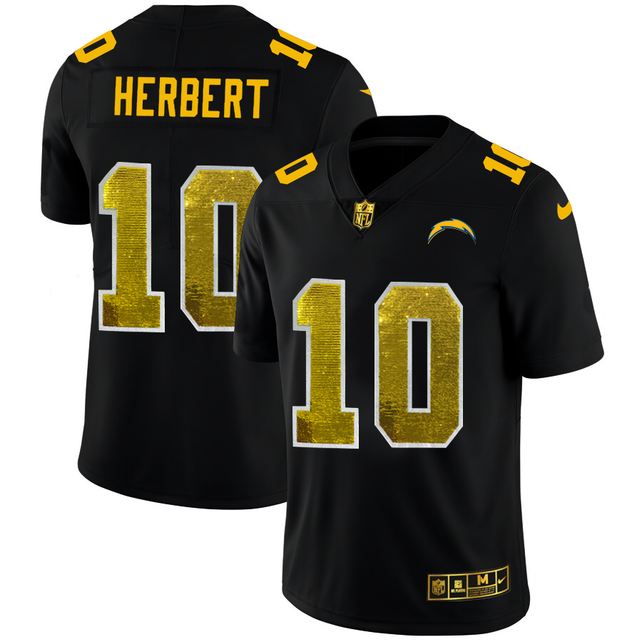 Los Angeles Chargers #10 Justin Herbert Men's Black Golden Sequin Vapor Limited Jersey