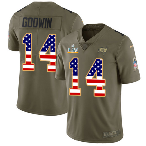 Buccaneers #14 Chris Godwin Olive/USA Flag Youth Super Bowl LV Bound Stitched Limited 2017 Salute To Service Jersey