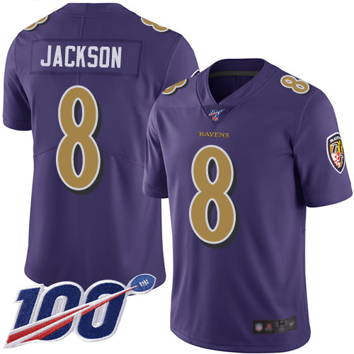 Ravens #8 Lamar Jackson Purple Men's Stitched Limited Rush 100th Season Jersey