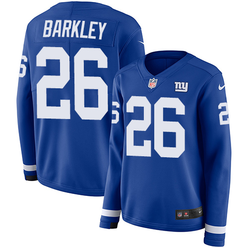 Giants #26 Saquon Barkley Royal Blue Team Color Women's Stitched Limited Therma Long Sleeve Jersey