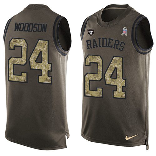 Raiders #24 Charles Woodson Green Men's Stitched Limited Salute To Service Tank Top Jersey