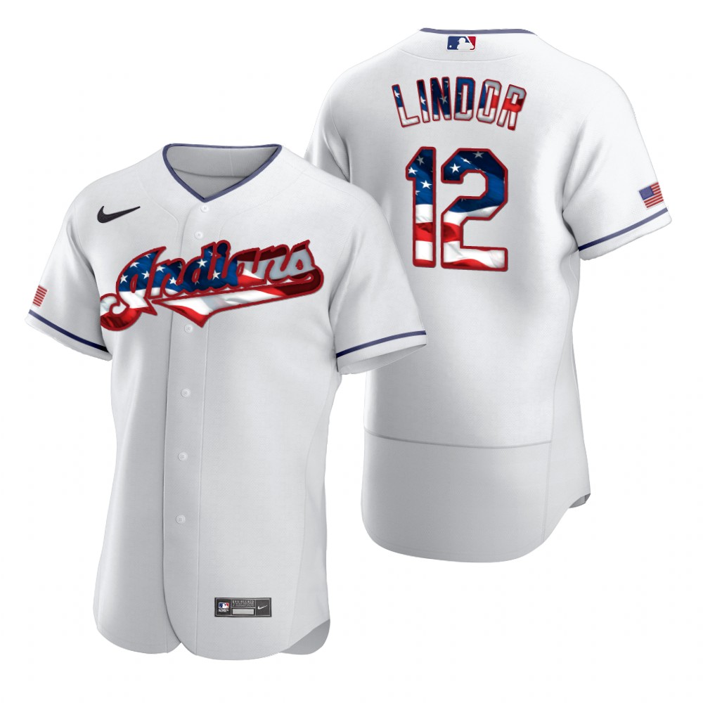 Cleveland Guardians #12 Francisco Lindor Men's White Fluttering USA Flag Limited Edition Authentic Jersey
