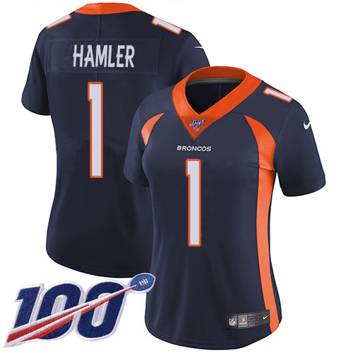 Broncos #1 KJ Hamler Navy Blue Alternate Women's Stitched 100th Season Vapor Limited Jersey