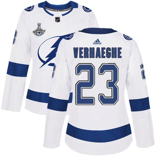 Adidas Tampa Bay Lightning #23 Carter Verhaeghe White Road Authentic Women's 2020 Stanley Cup Champions Stitched Jersey Womens