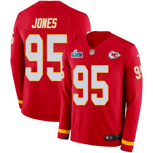 Chiefs #95 Chris Jones Red Team Color Super Bowl LVII Patch Youth Stitched Limited Therma Long Sleeve Jersey