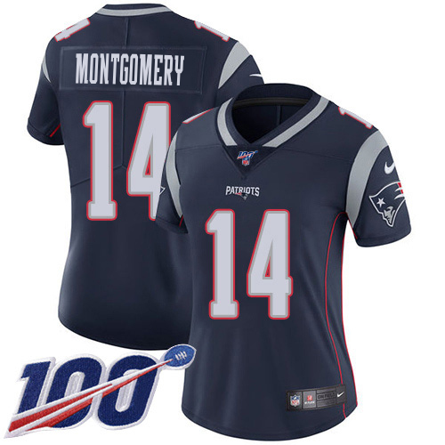 Patriots #14 Ty Montgomery Navy Blue Team Color Women's Stitched 100th Season Vapor Limited Jersey