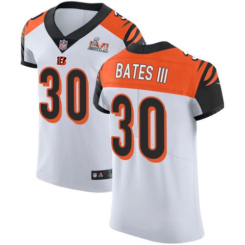 Bengals #30 Jessie Bates White Super Bowl LVI Patch Men's Stitched Vapor Untouchable Elite Jersey