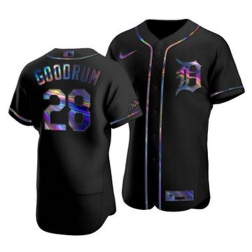 Detroit Detroit Tigers #28 Niko Goodrum Men's Iridescent Holographic Collection Jersey - Black Men's