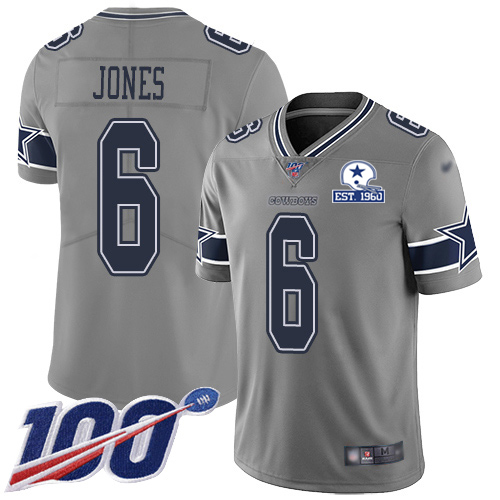 Dallas Cowboys #6 Chris Jones Gray Men's Stitched With Established In 1960 Patch Limited Inverted Legend 100th Season Jersey Men's