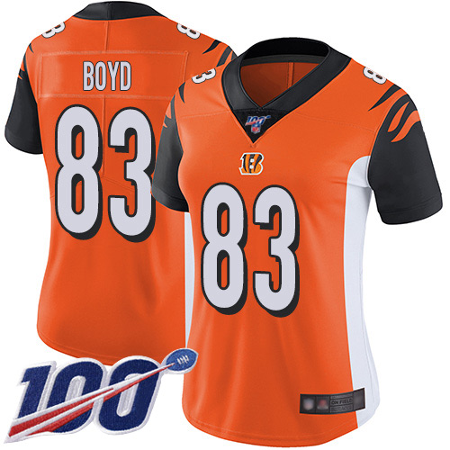 Bengals #83 Tyler Boyd Orange Alternate Women's Stitched 100th Season Vapor Limited Jersey