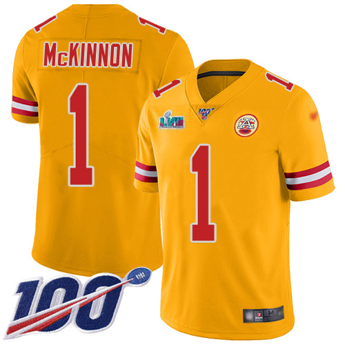 Chiefs #1 Jerick McKinnon Gold Super Bowl LVII Patch Youth Stitched Limited Inverted Legend 100th Season Jersey