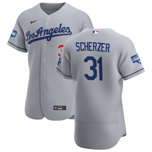 Los Angeles Los Angeles Dodgers #31 Max Scherzer Men's Gray Road 2020 World Series Champions Authentic Team Jersey Men's