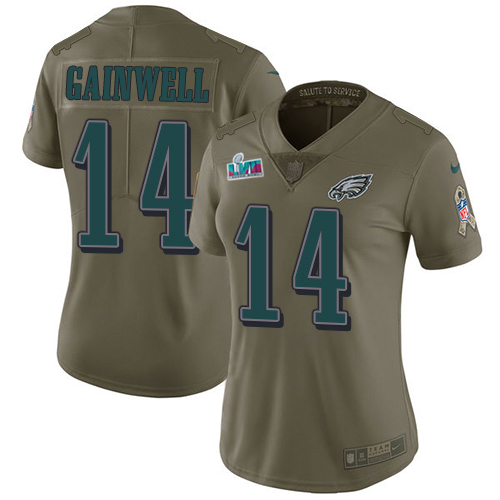 Eagles #14 Kenneth Gainwell Olive Super Bowl LVII Patch Women's Stitched Limited 2017 Salute To Service Jersey