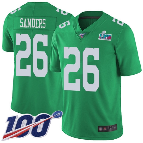 Eagles #26 Miles Sanders Green Super Bowl LVII Patch Men's Stitched Limited Rush 100th Season Jersey