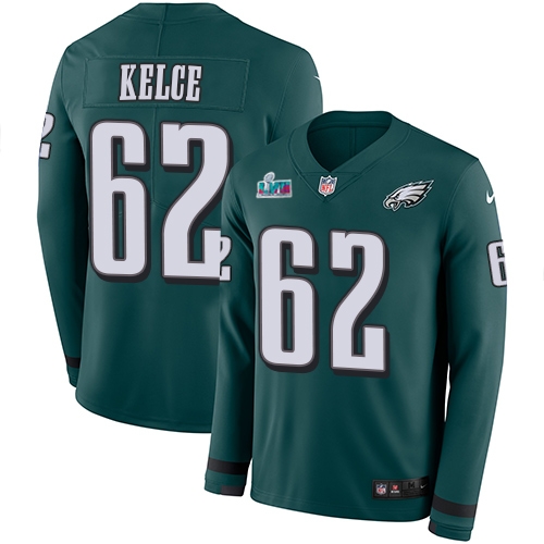Eagles #62 Jason Kelce Green Super Bowl LVII Patch Team Color Men's Stitched Limited Therma Long Sleeve Jersey
