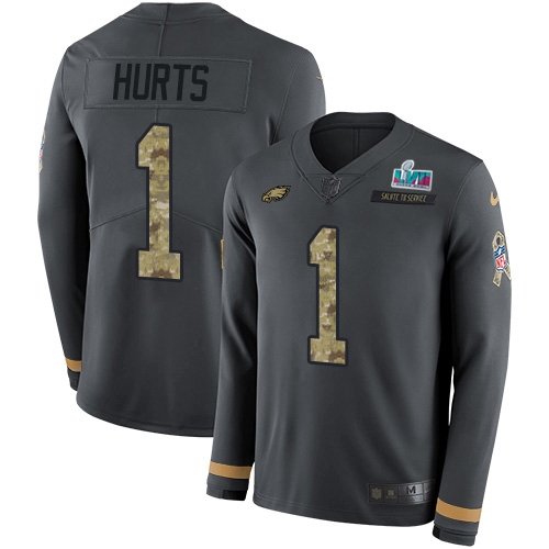 Eagles #1 Jalen Hurts Anthracite Super Bowl LVII Patch Salute To Service Men's Stitched Limited Therma Long Sleeve Jersey