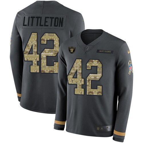 Las Vegas Raiders #42 Cory Littleton Anthracite Salute to Service Men's Stitched Limited Therma Long Sleeve Jersey Men's