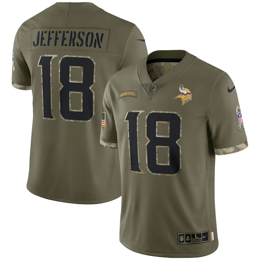 Minnesota Vikings #18 Justin Jefferson Men's 2022 Salute To Service Limited Jersey - Olive