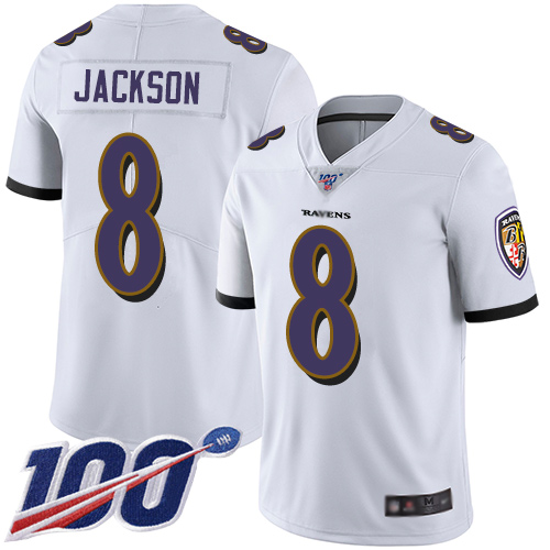 Ravens #8 Lamar Jackson White Men's Stitched 100th Season Vapor Limited Jersey