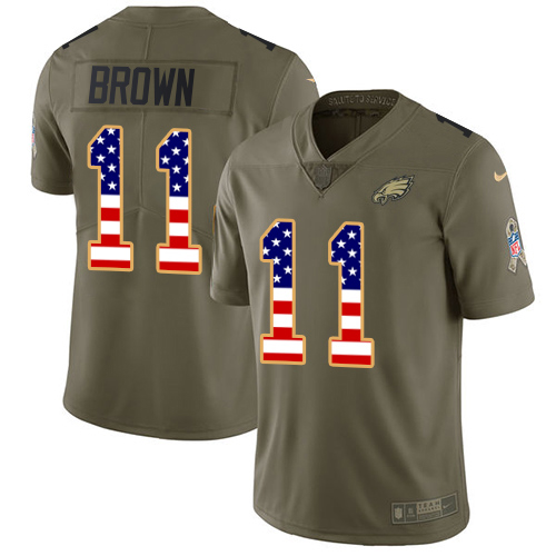 Eagles #11 A.J. Brown Olive/USA Flag Youth Stitched Limited 2017 Salute To Service Jersey