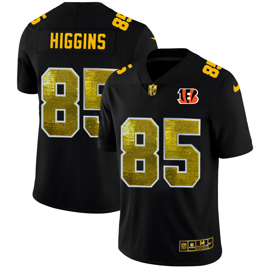 Cincinnati Bengals #85 Tee Higgins Men's Black Golden Sequin Vapor Limited Jersey