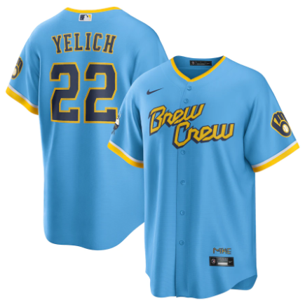 Men's Youth Women's Milwaukee Brewers #22 Christian Yelich Powder Blue 2022 City Connect Replica Player Jersey