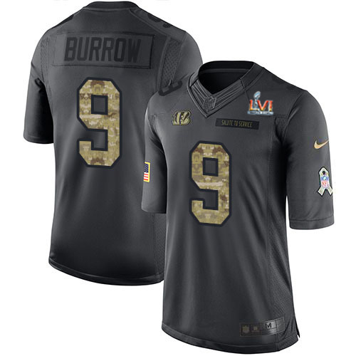 Bengals #9 Joe Burrow Black Team Color Super Bowl LVI Patch Men's Stitched Limited Therma Long Sleeve Jersey