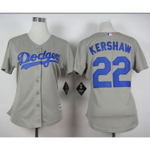 Los Angeles Dodgers #22 Clayton Kershaw Grey Alternate Road Women's Stitched Jersey Womens